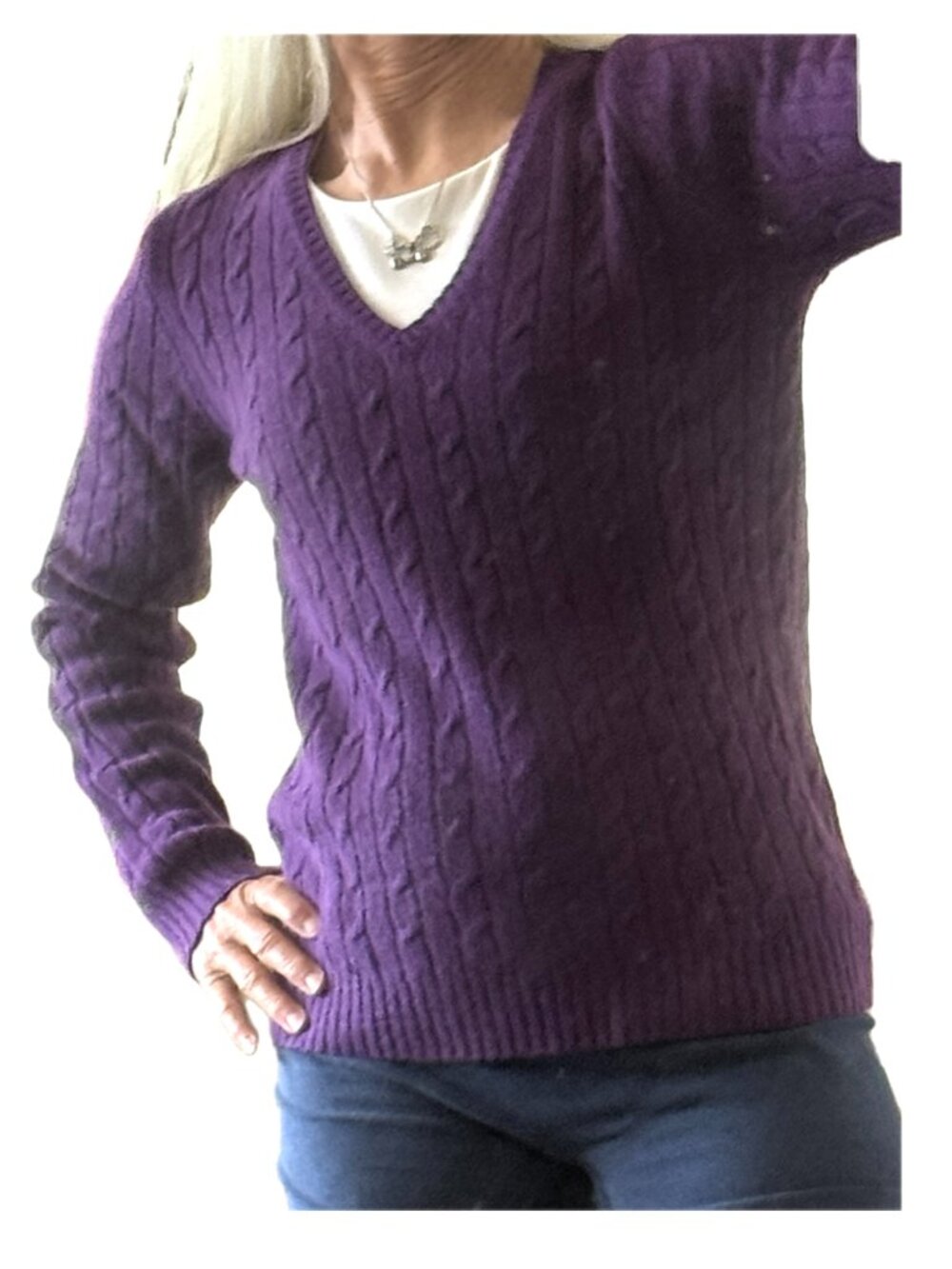 J Crew Cable Knit V Neck Sweater Purple Sz M Wool Cashmere Blend